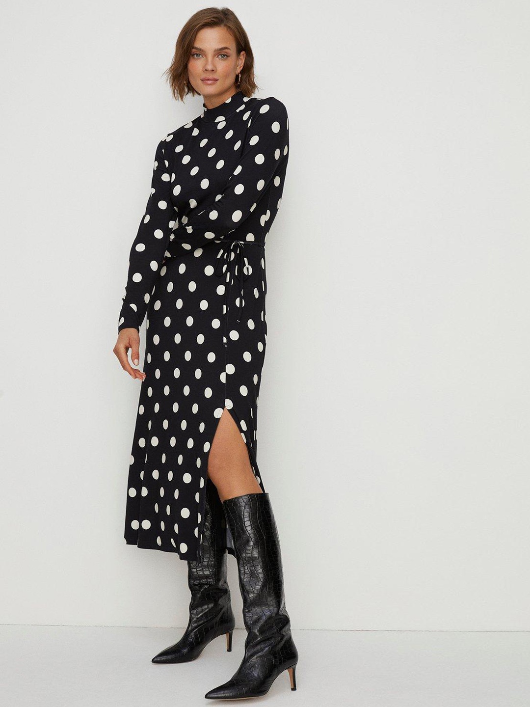 

OASIS Jersey Funnel Neck Polka Dot Print A-Line Midi Dress, Black