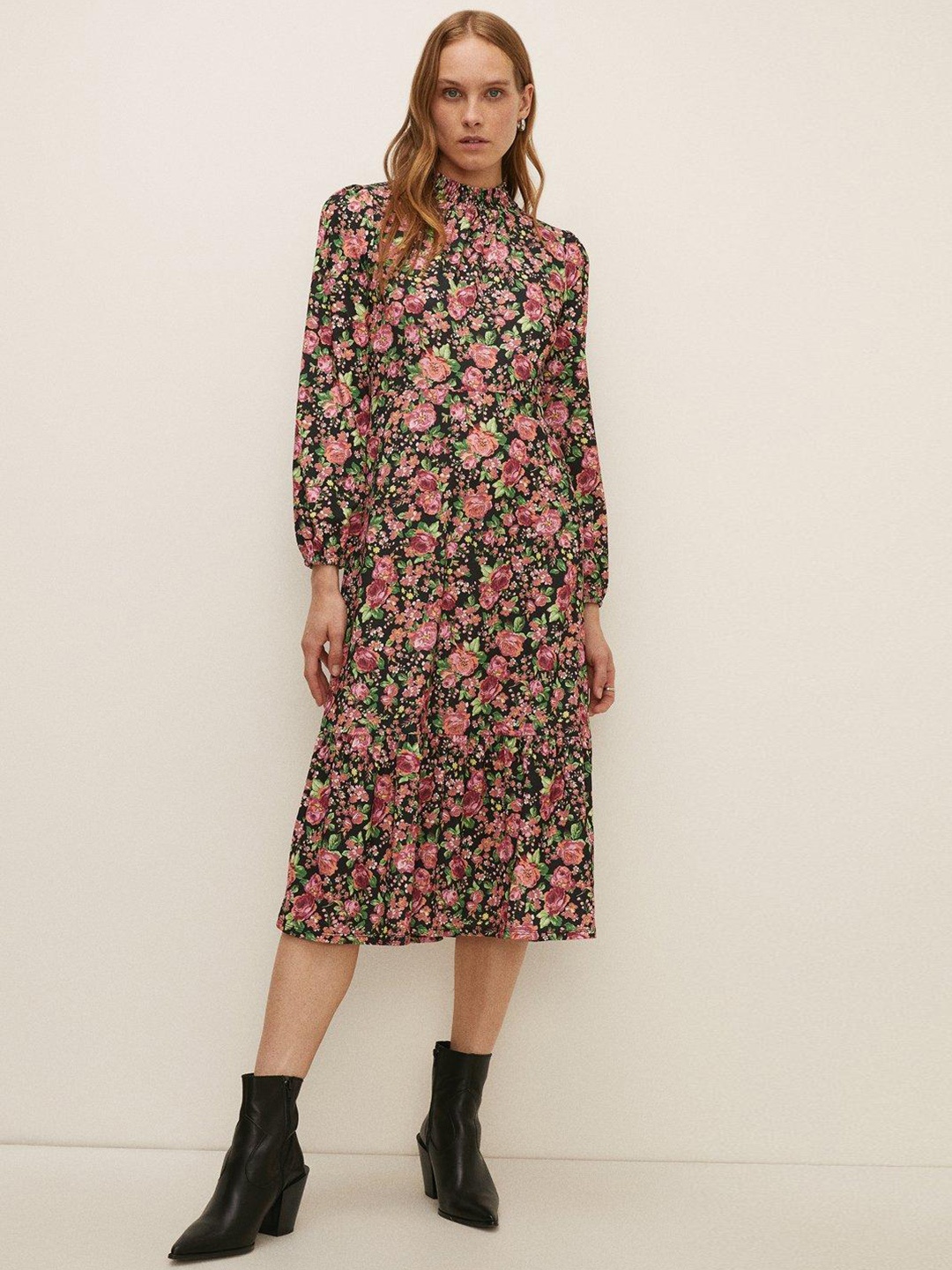 

OASIS Slinky Jersey Smocked High Neck Floral Print Puff Sleeve A-Line Midi Dress, Black