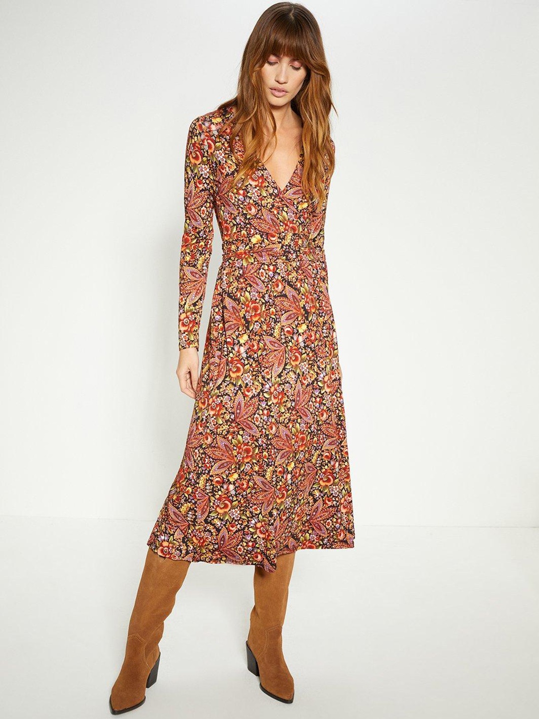 

OASIS Jersey Paisley Print Wrap Midi Dress, Orange