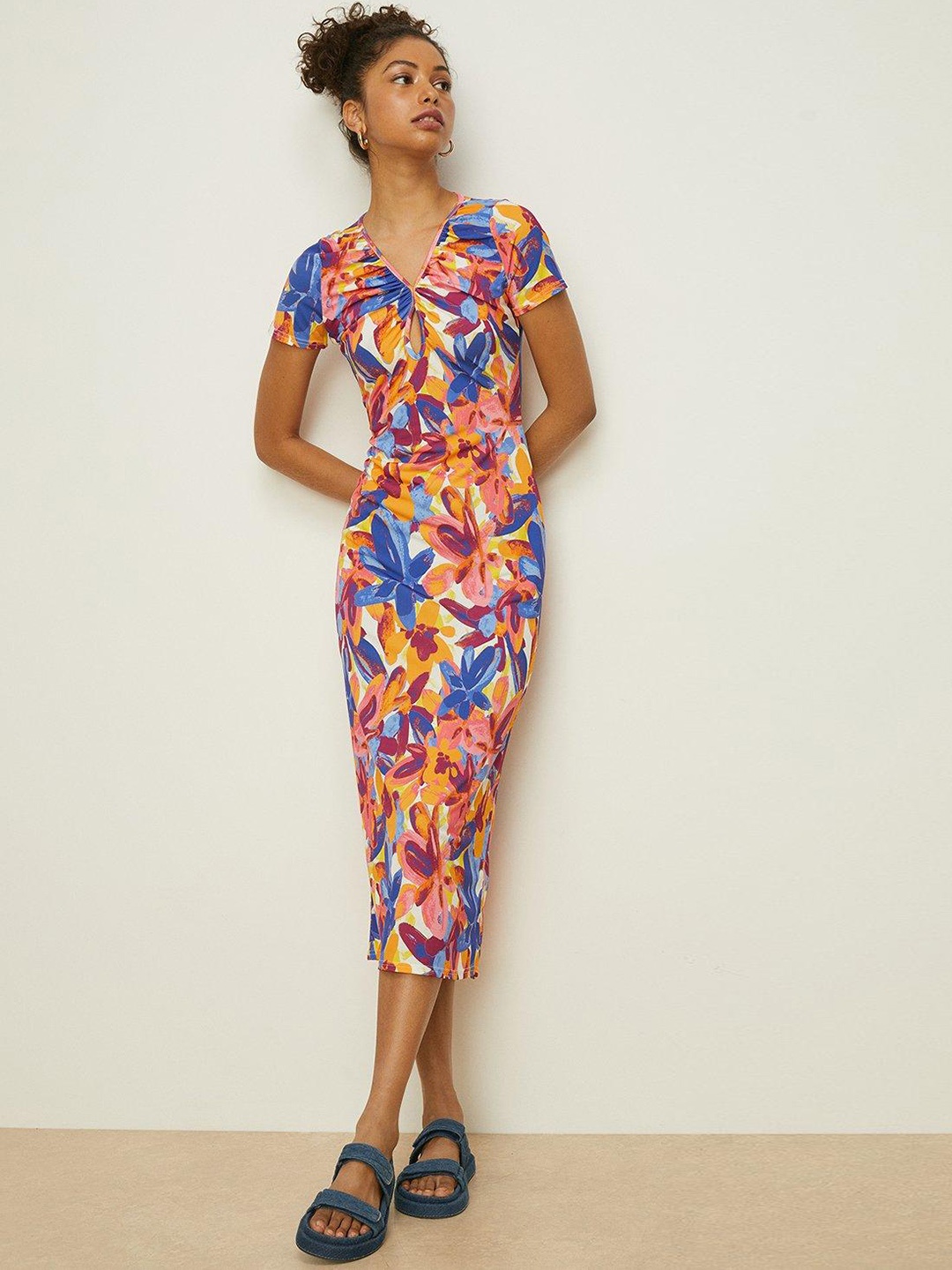 

OASIS Floral Printed Cut-Out Detail Sheath Midi Dress, Blue