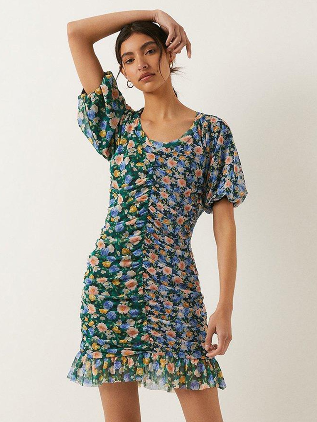 

OASIS Floral Ruched Front Mesh Puff Sleeve Mini Dress, Green
