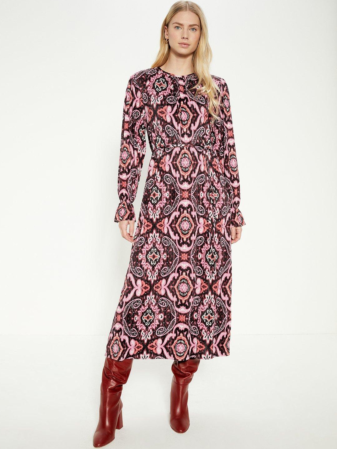 

OASIS Paisley Print Plisse A-Line Midi Dress, Pink