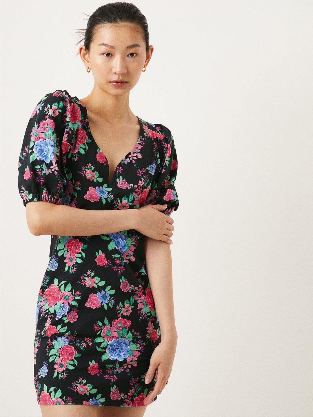 

OASIS Floral Print Puff Sleeve Bodycon Mini Dress, Black