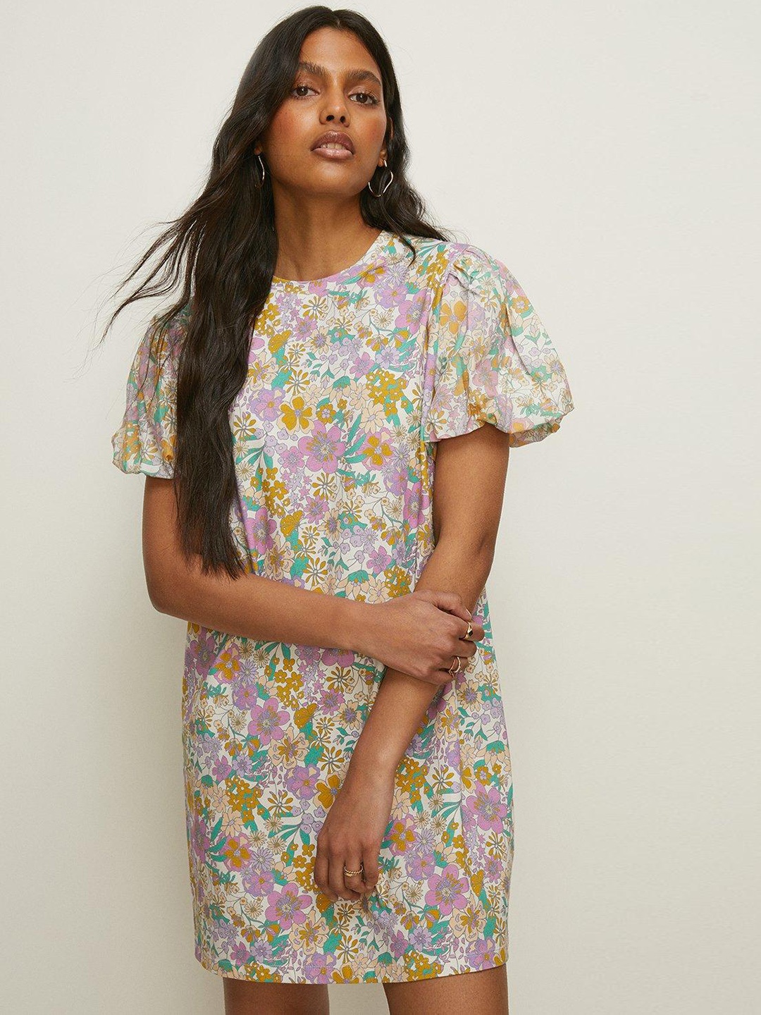 

OASIS Floral Print Puff Sleeve A-Line Mini Dress, White