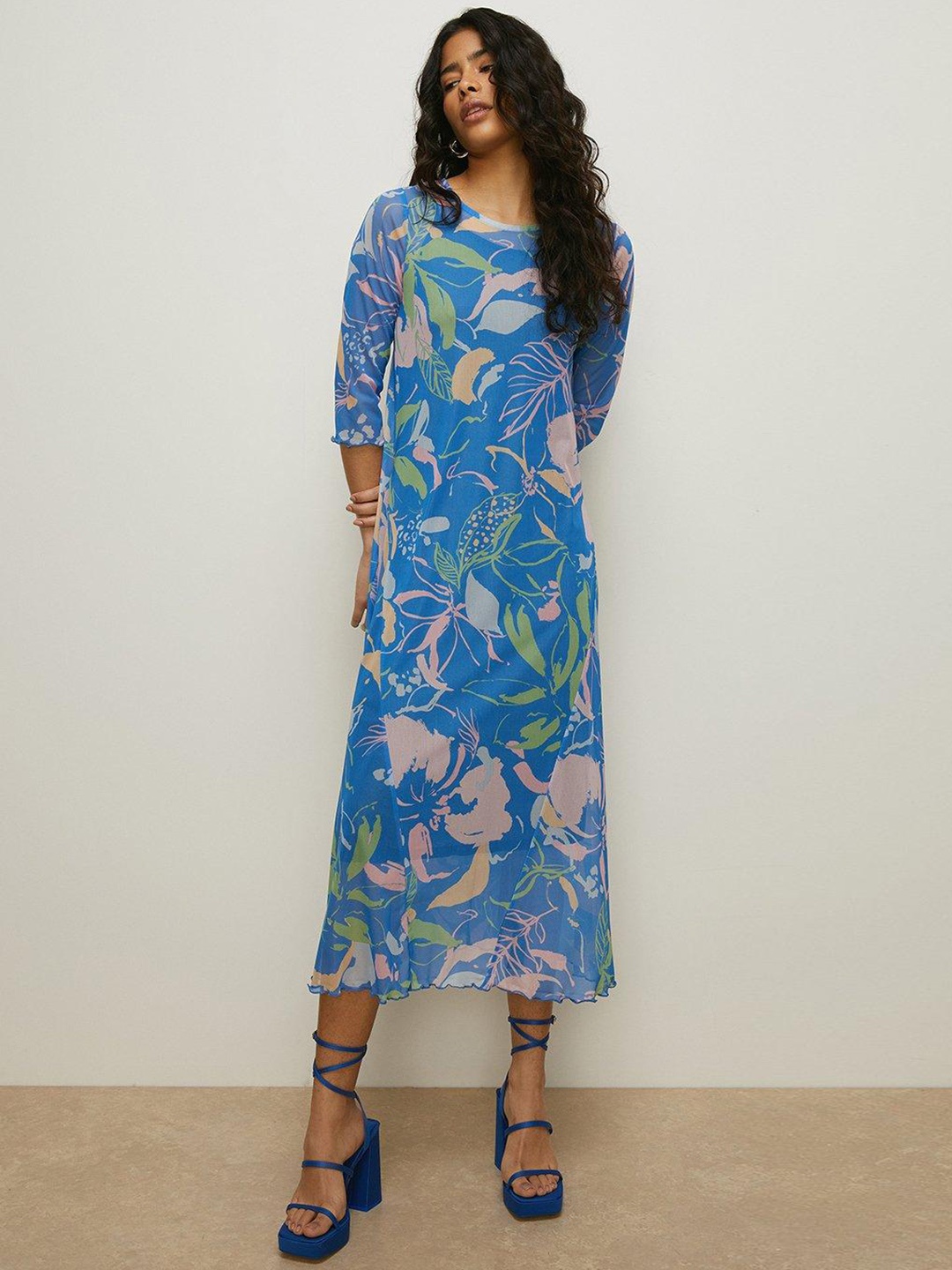

OASIS Floral Print Shirred Neck Mesh A-Line Midi Dress, Blue