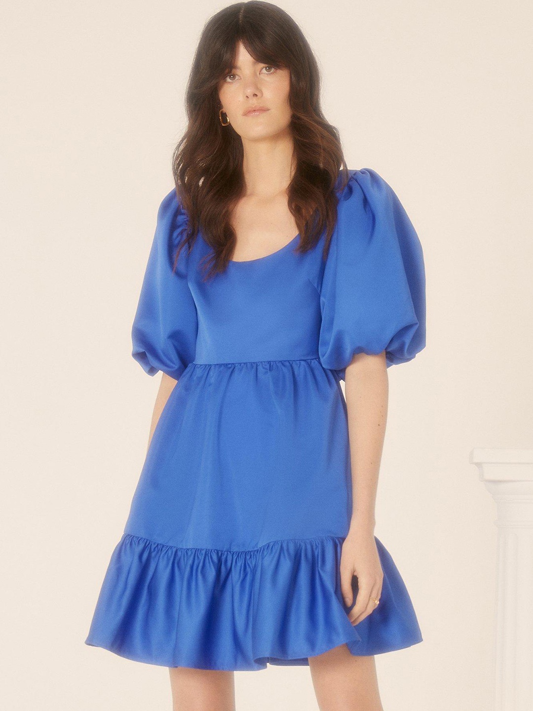 

OASIS Solid Puff Sleeve A-Line Dress with Cut-Out Back & Bow Detail, Blue
