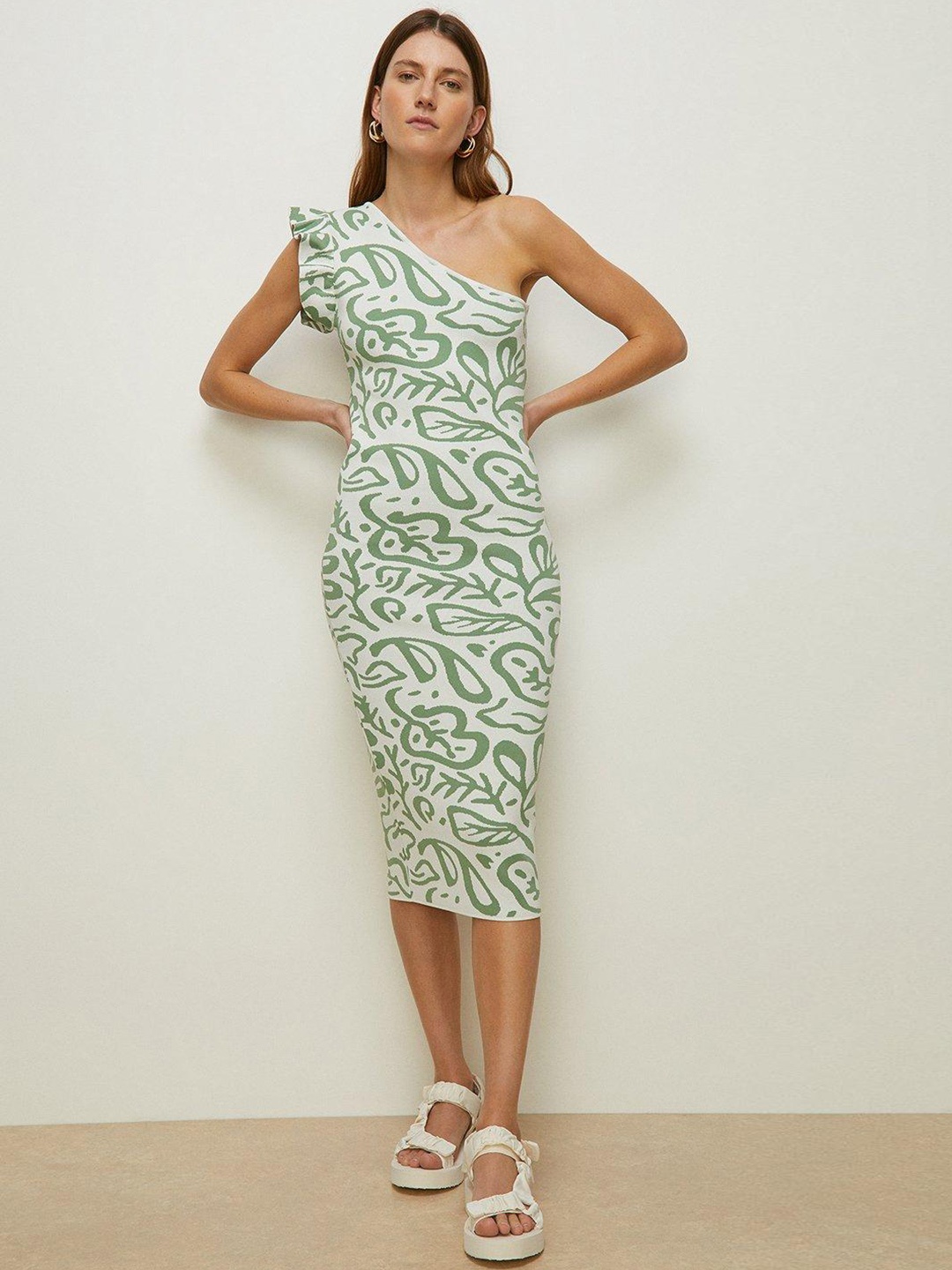 

OASIS Printed One Shoulder Jacquard Sheath Midi Dress, White