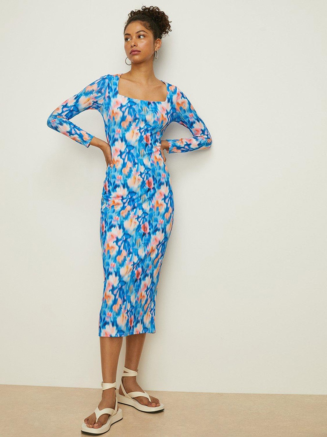 

OASIS Printed Square Neck Sheath Midi Dress, Blue
