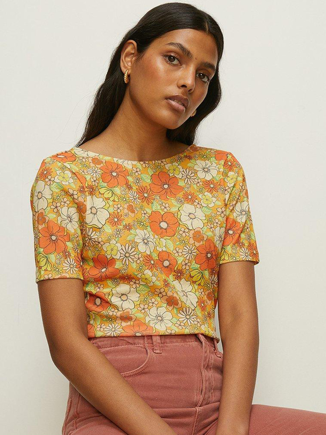 

OASIS Floral Print Styled Back Top, Yellow