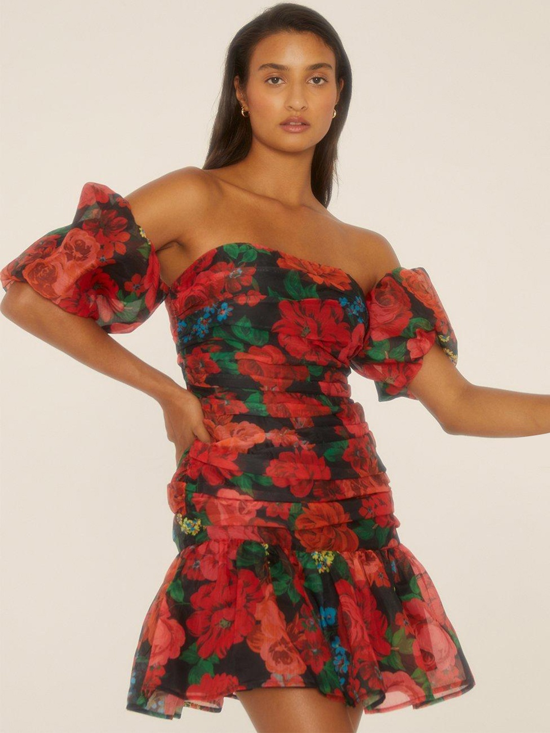 

OASIS Floral Print Off-Shoulder Puff Sleeve A-Line Mini Dress, Red