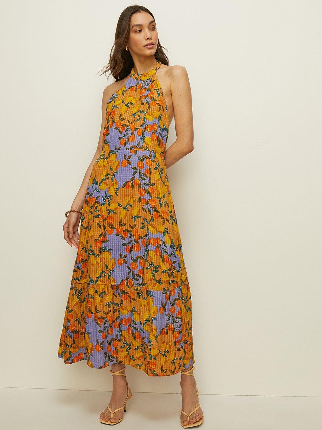 

OASIS Conversational Print Halter Neck Maxi Dress, Mustard
