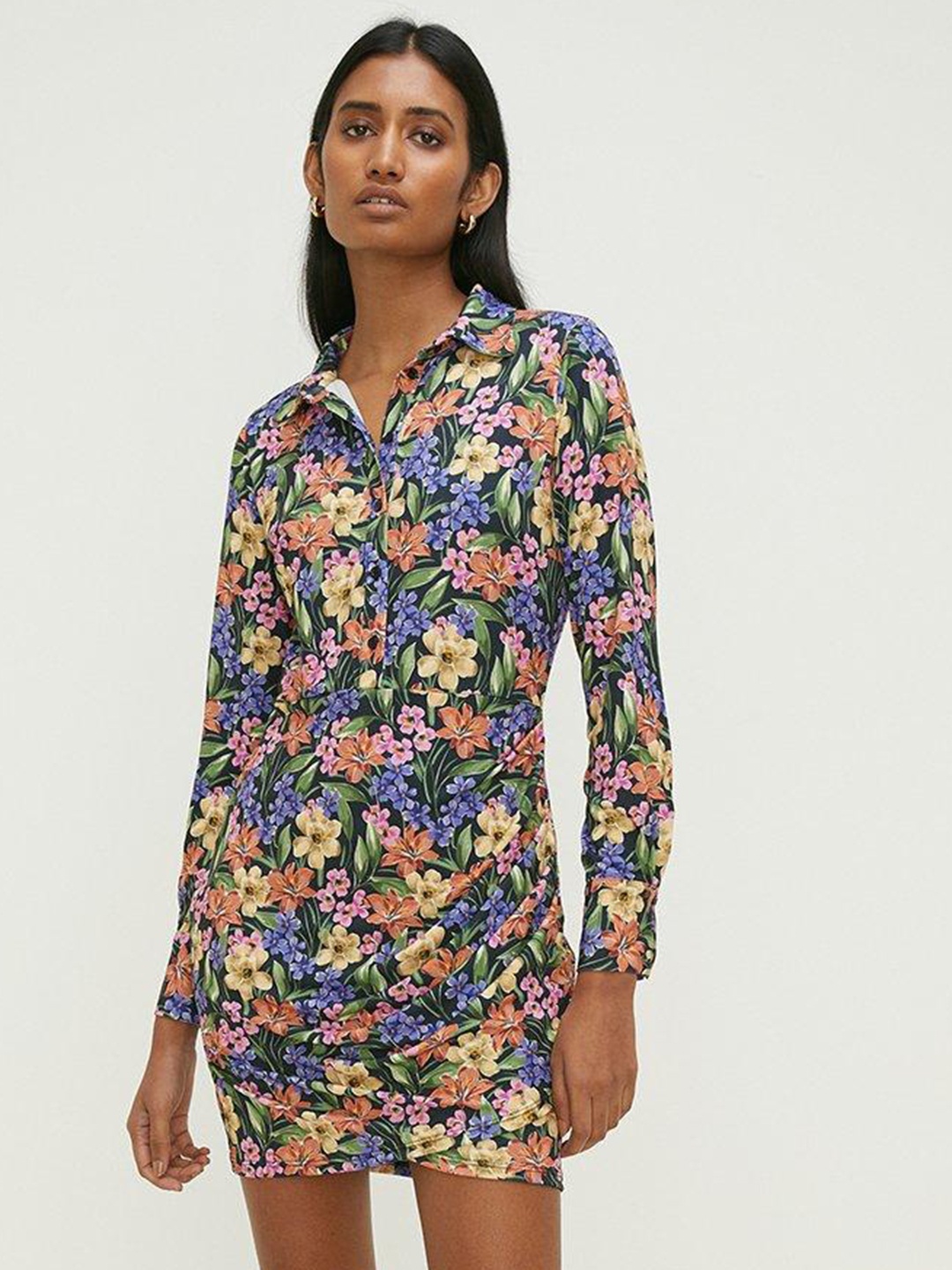 

OASIS Slinky Floral Print Mock Wrap Shirt Mini Dress, Blue