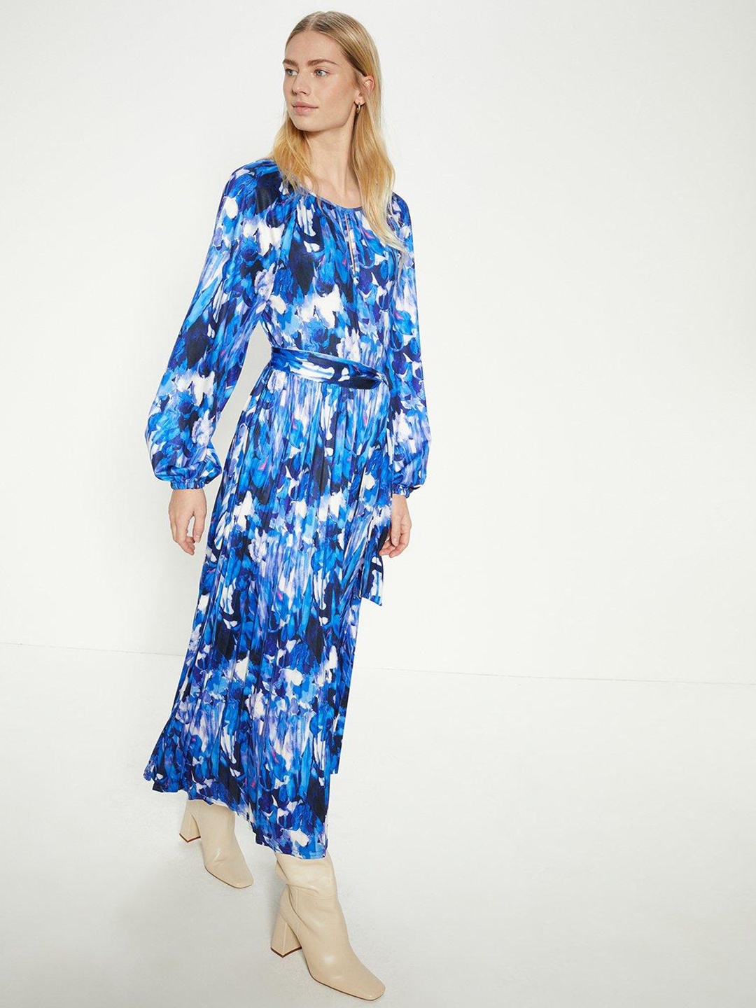 

OASIS Abstract Print Batwing Sleeves Pleated A-Line Midi Dress, Blue