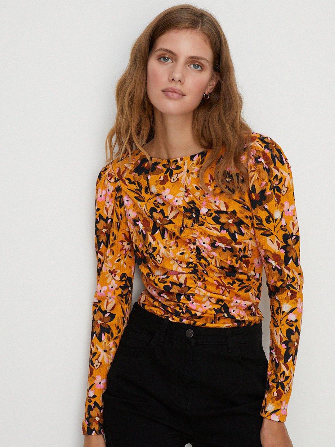 

OASIS Floral Crinkle Gathered Front Detail Top, Orange