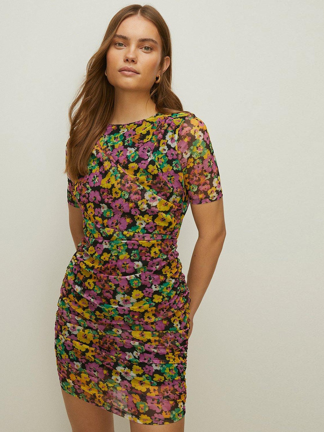 

OASIS Floral Mesh Ruched Mini Bodycon Dress, Purple