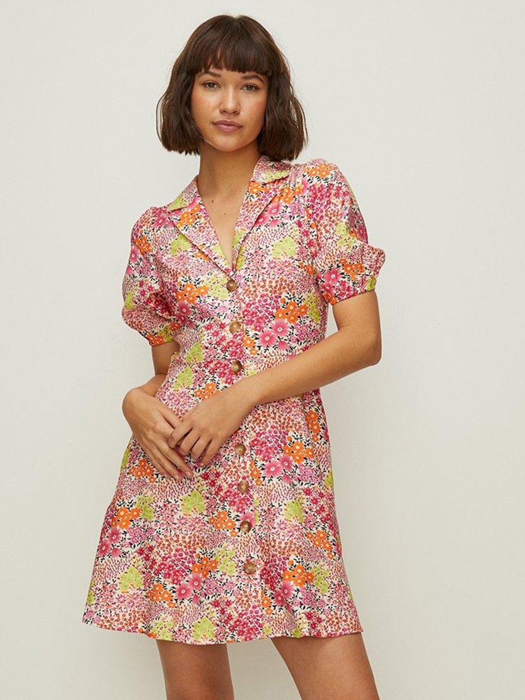 

OASIS Floral Print Puff Sleeves Shirt Mini Dress, Pink