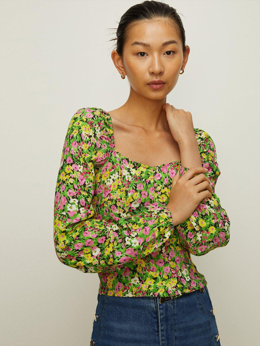 

OASIS Ditsy Floral Print Button Front Puff Sleeve Smocked Top, Green