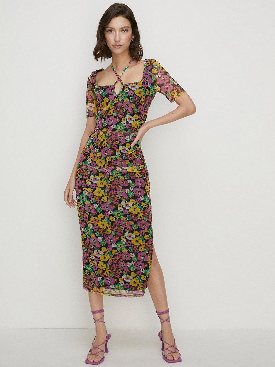 

OASIS Floral Print Cut-Out & Tie-Up Detail Sheath Midi Dress, Black