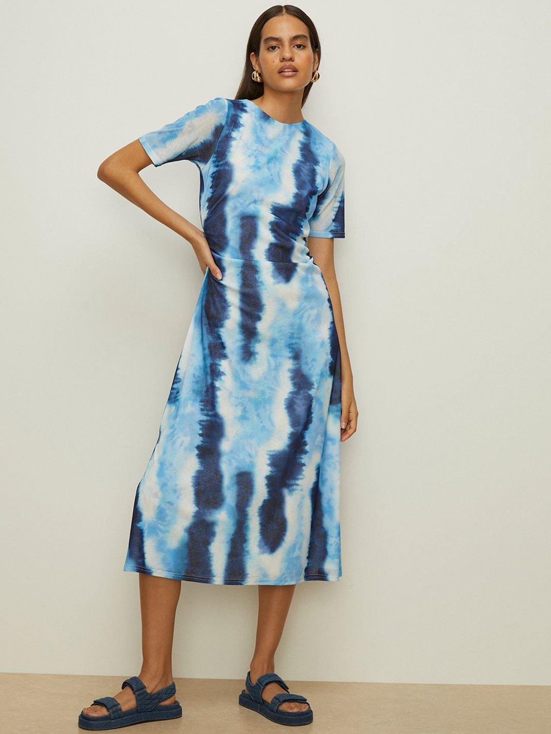 

OASIS Tie and Dye Print A-Line Midi Dress, Blue