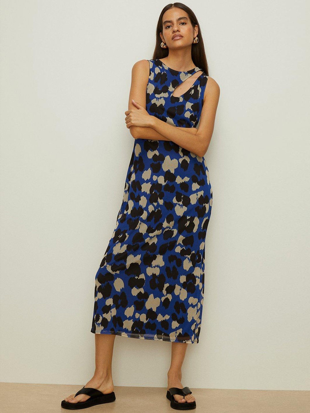 

OASIS Printed Cut-Out Detail Sheath Midi Dress, Blue