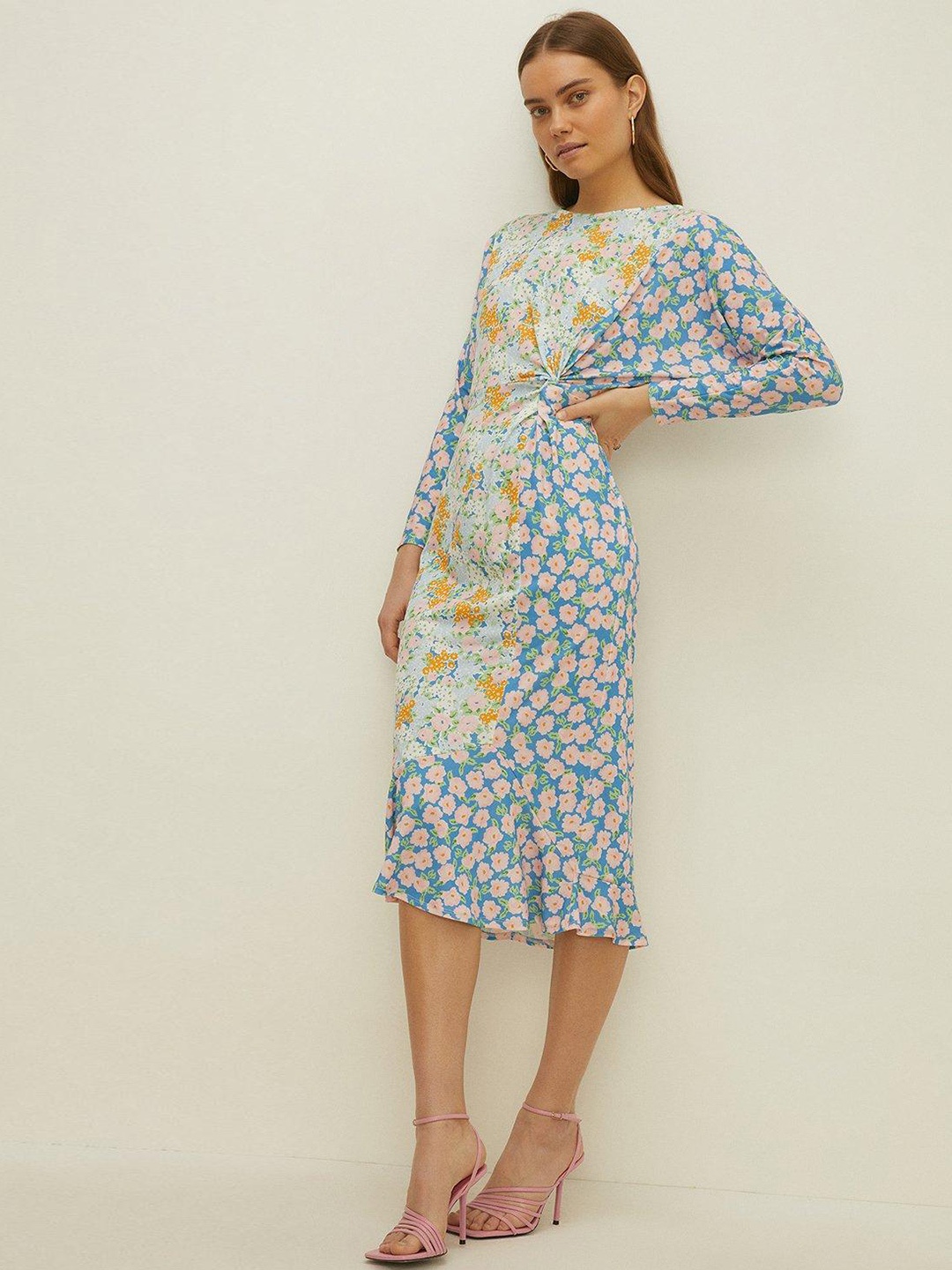 

OASIS Floral Print Batwing Sleeves Twisted Midi Dress, Blue