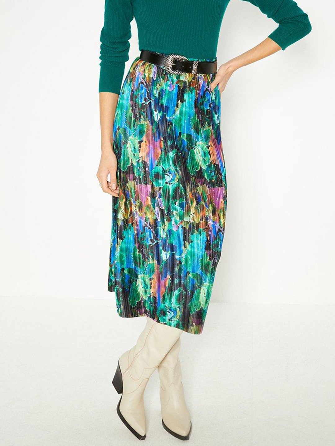 

OASIS Printed Plisse A-Line Midi Skirt, Black