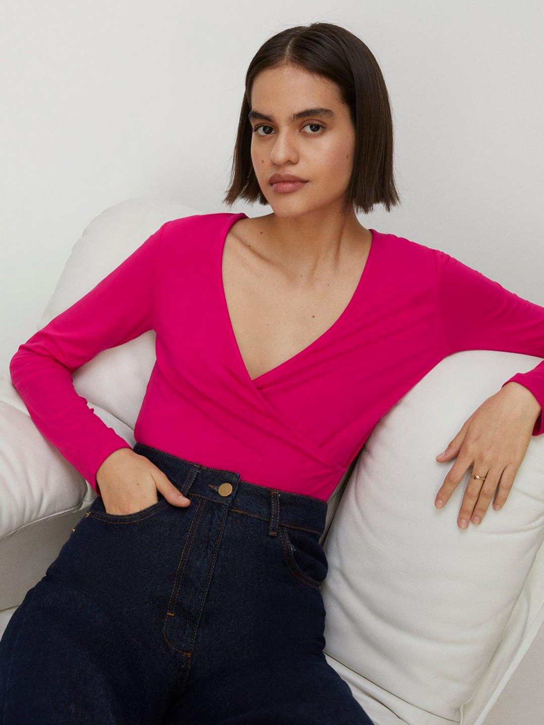 

OASIS V-Neck Long Sleeve Wrap Top, Pink