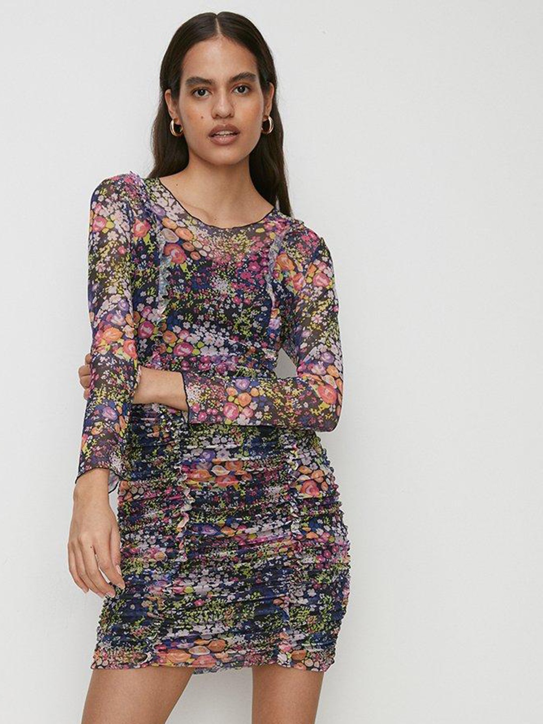 

OASIS Floral Print Mesh Bodycon Ruched Mini Dress, Navy blue