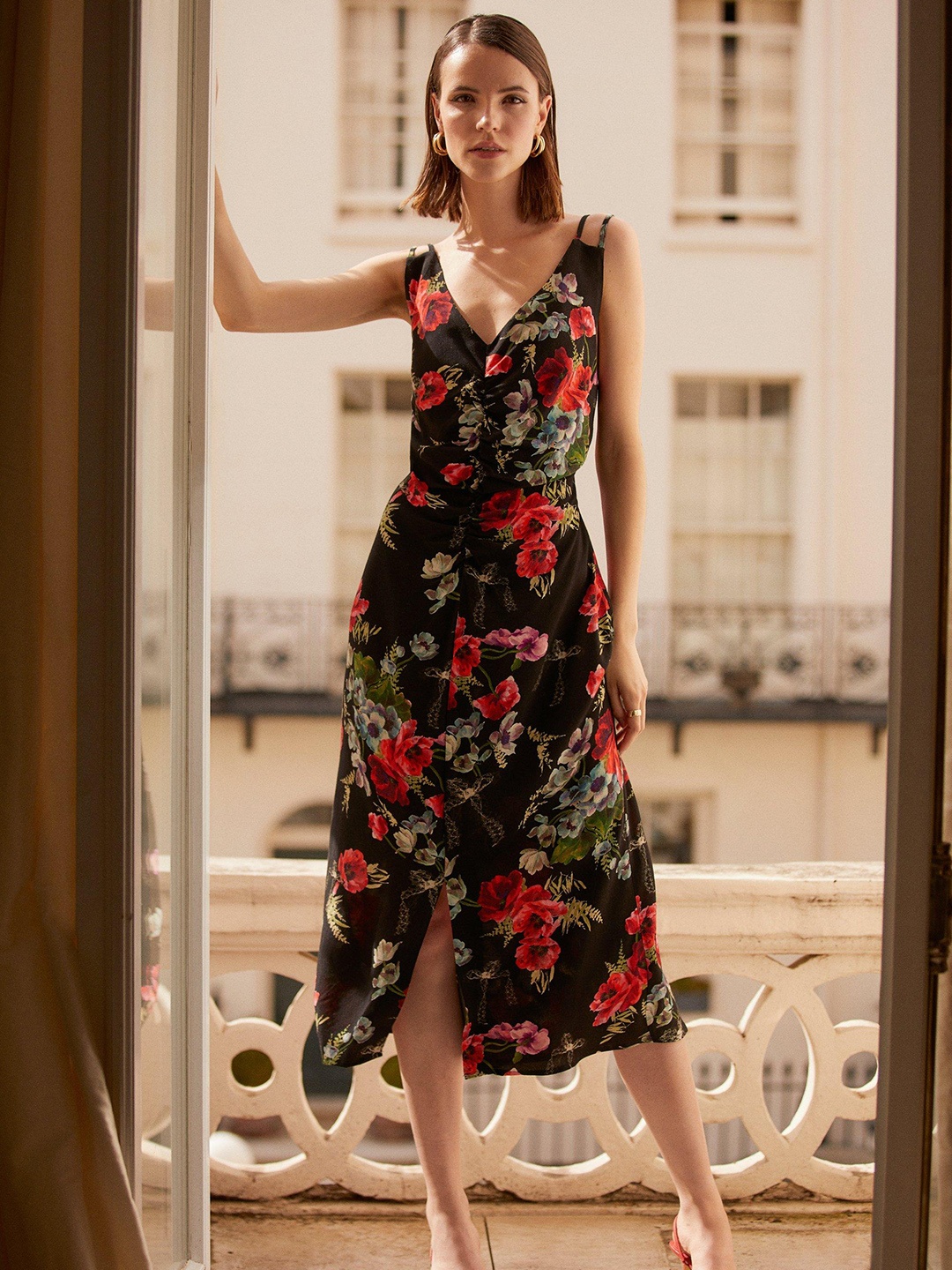 

OASIS Floral Print Tie-Up Open-Back A-Line Midi Dress, Black