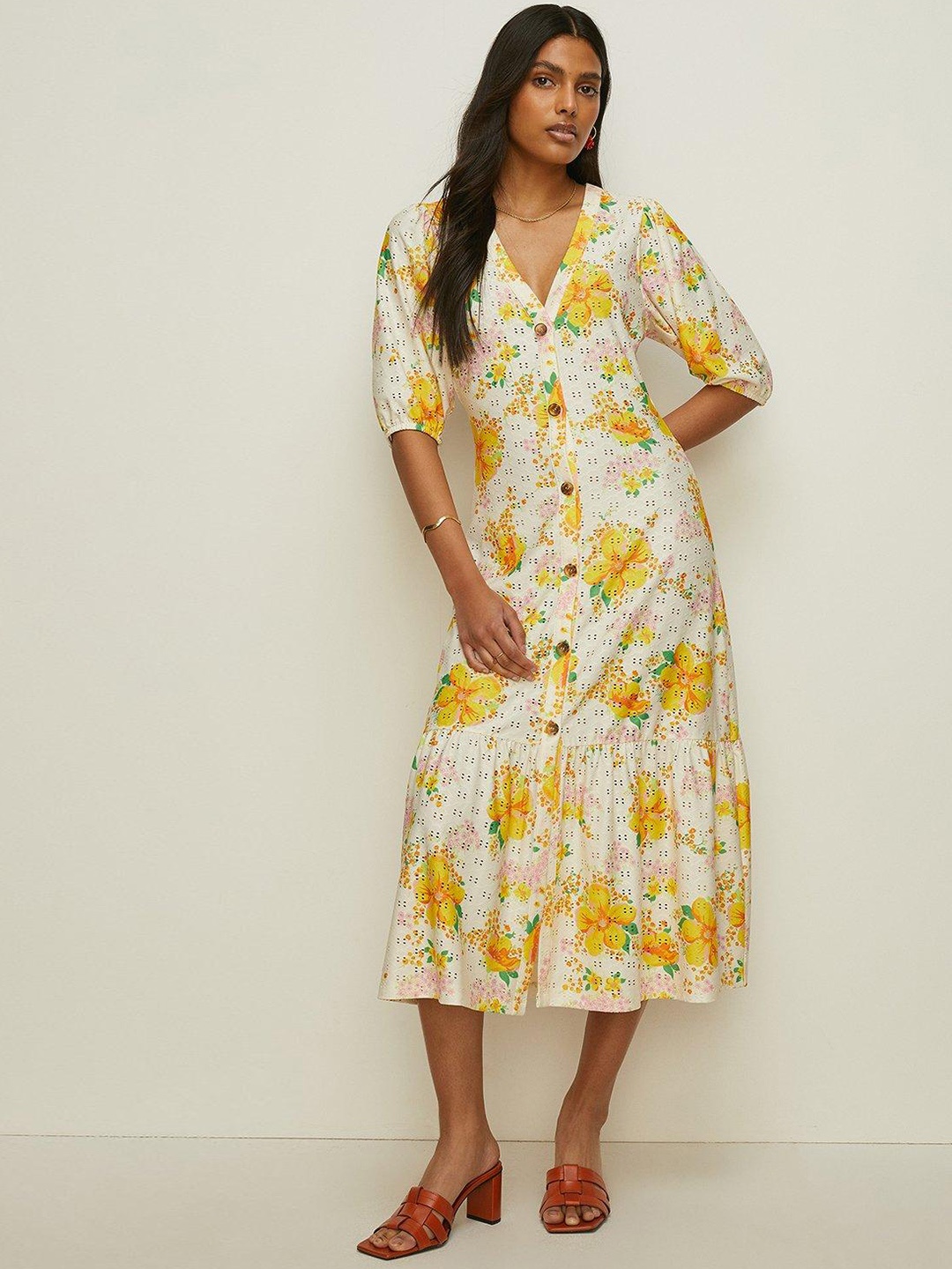 

OASIS Floral Print Schiffli A-Line Midi Dress, White