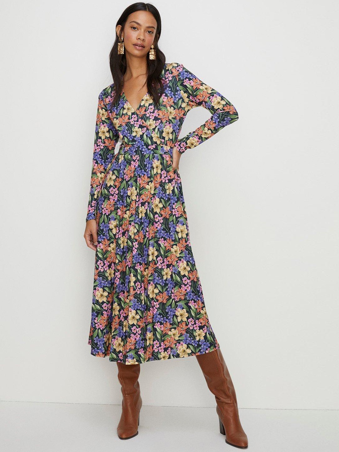 

OASIS Floral Slinky Mock Wrap Pleated Midi Dress, Blue