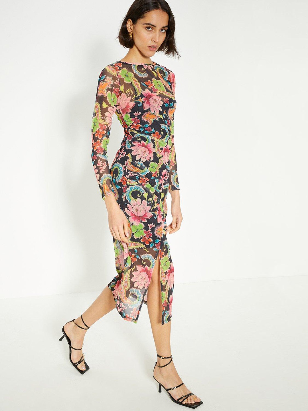 

OASIS Floral Print Ruched Mesh Bodycon Midi Dress, Black