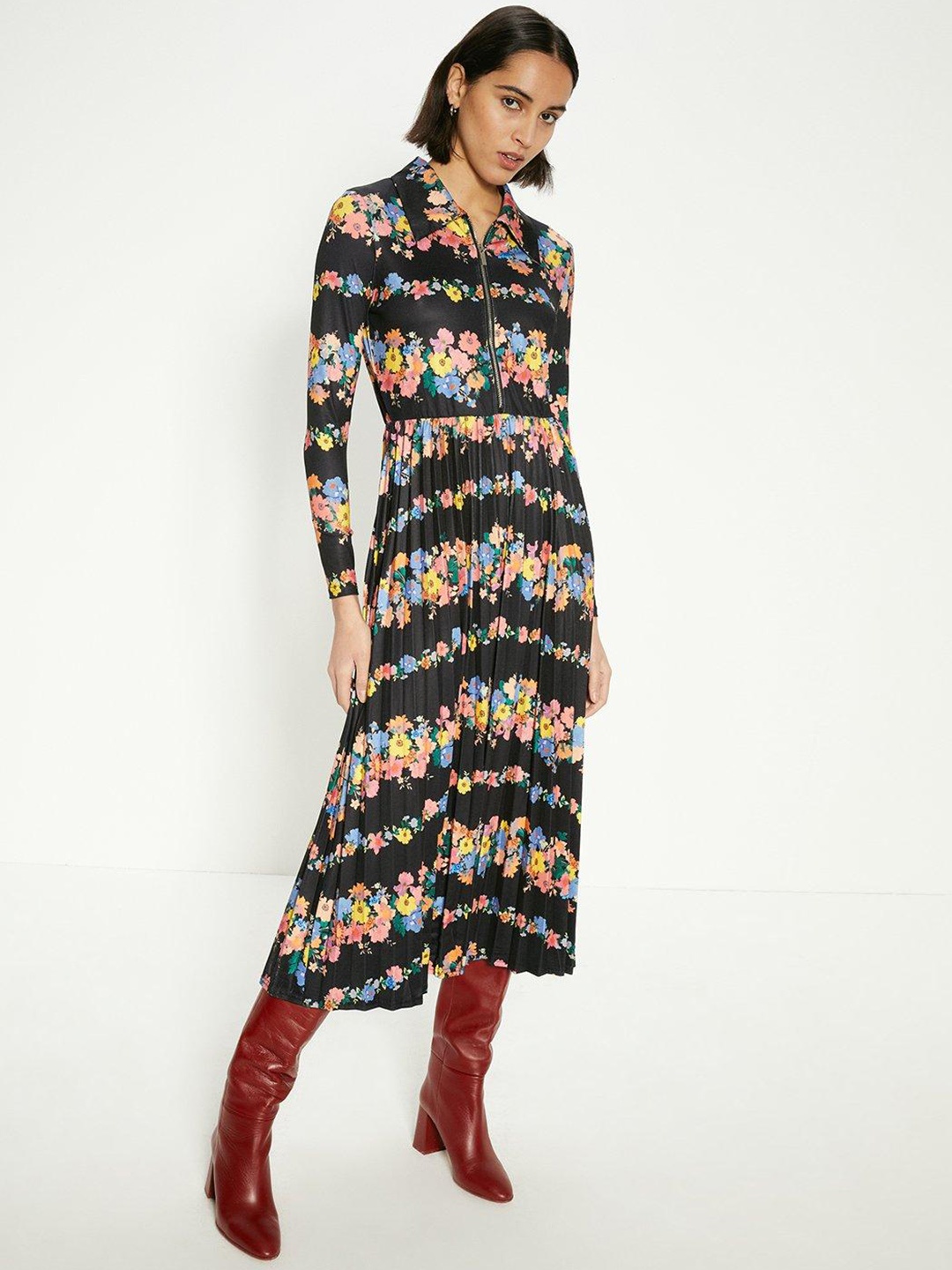 

OASIS Accordion Pleated Slinky Jersey Floral Print Shirt Midi Dress, Black