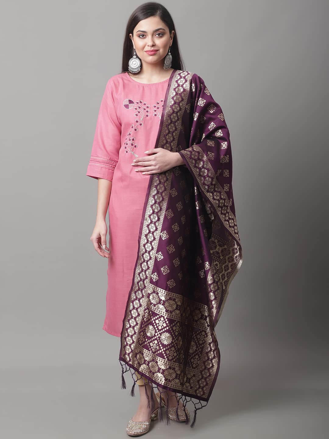 

KALINI Floral Embroidered Kurtha With Leggings & Dupatta, Pink