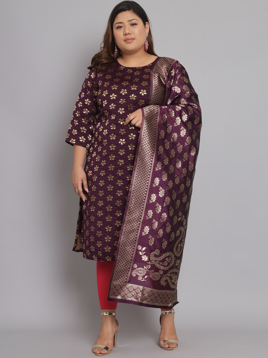 

KALINI Plus Size Ethnic Motifs Printed Kurtha With Leggings & Dupatta, Purple