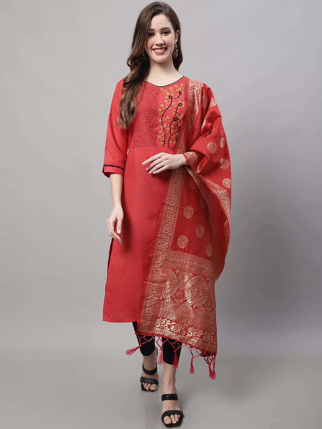 

KALINI Floral Embroidered V-Neck Kurta With Leggings & Dupatta, Red