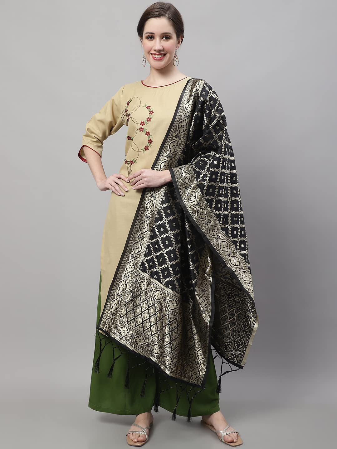 

KALINI Floral Printed Kurta With Palazzo & Dupatta, Beige