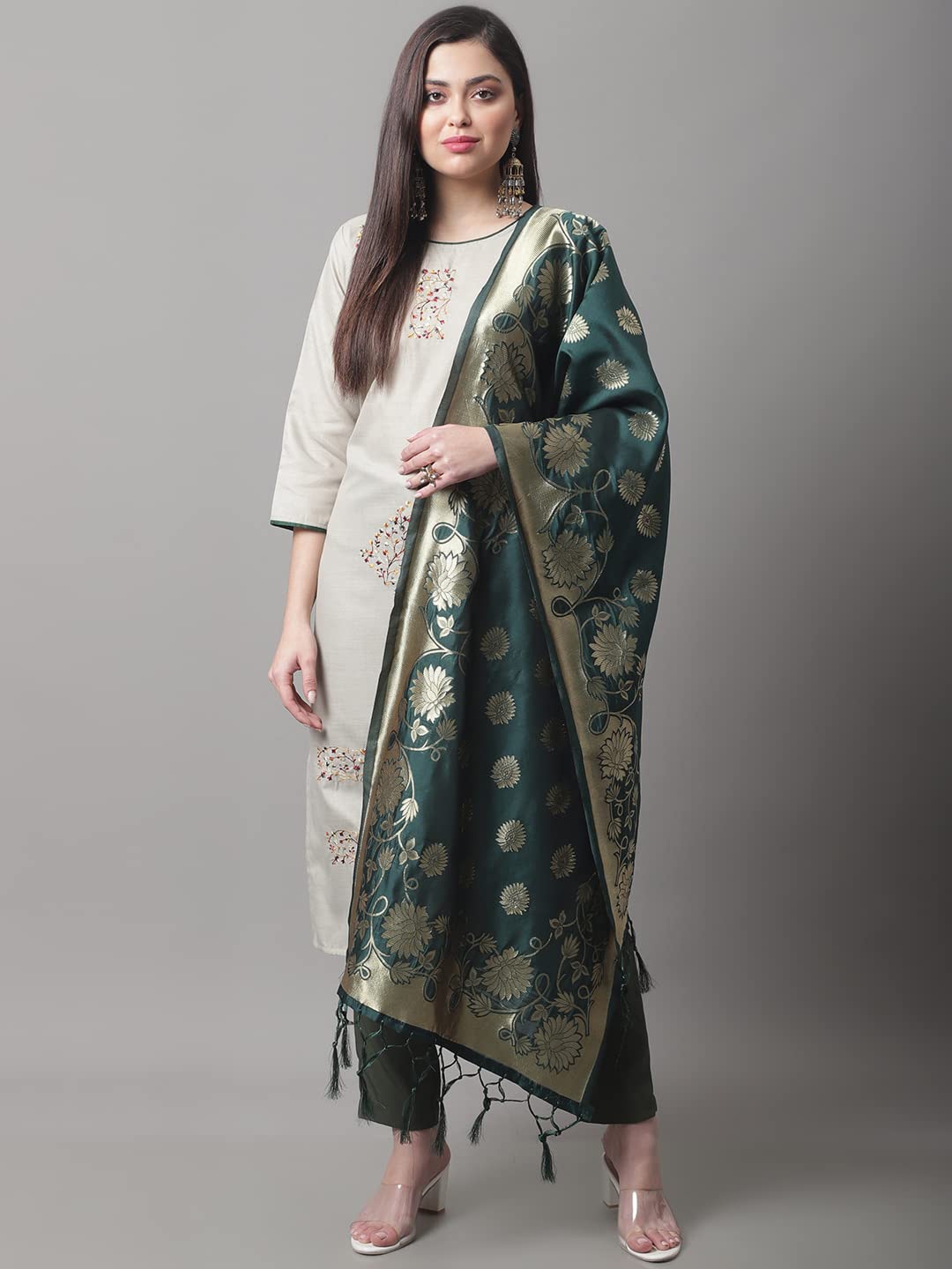 

KALINI Embroidered Floral Kurta With Trouser & Dupatta, Grey