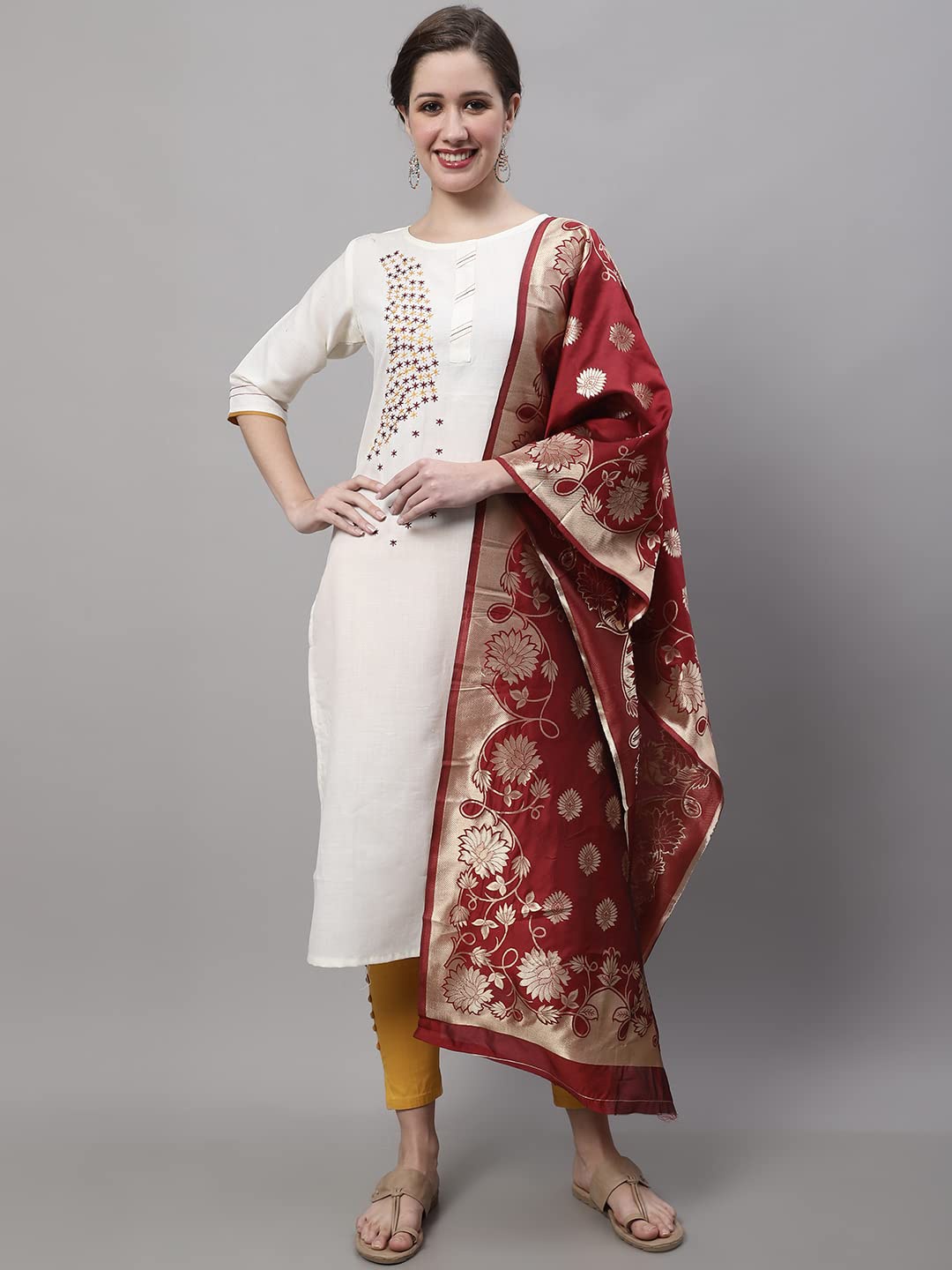 

KALINI Women White Embroidered Flared Sleeves Thread Work Kurta