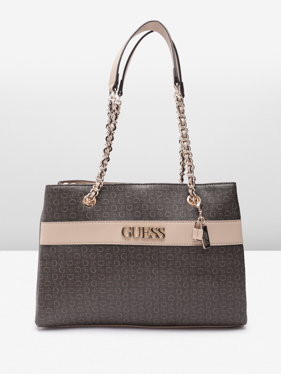 

GUESS Women Brand Logo Printed Structured Shoulder Bag, Brown