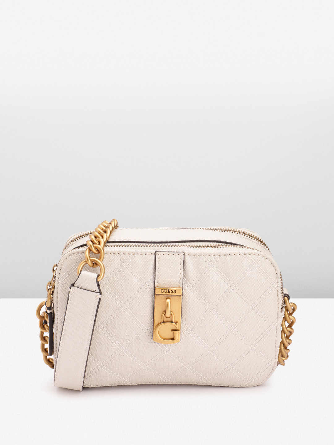

GUESS Women Brand Logo Textured Structured Sling Bag with Quilted Detail, White