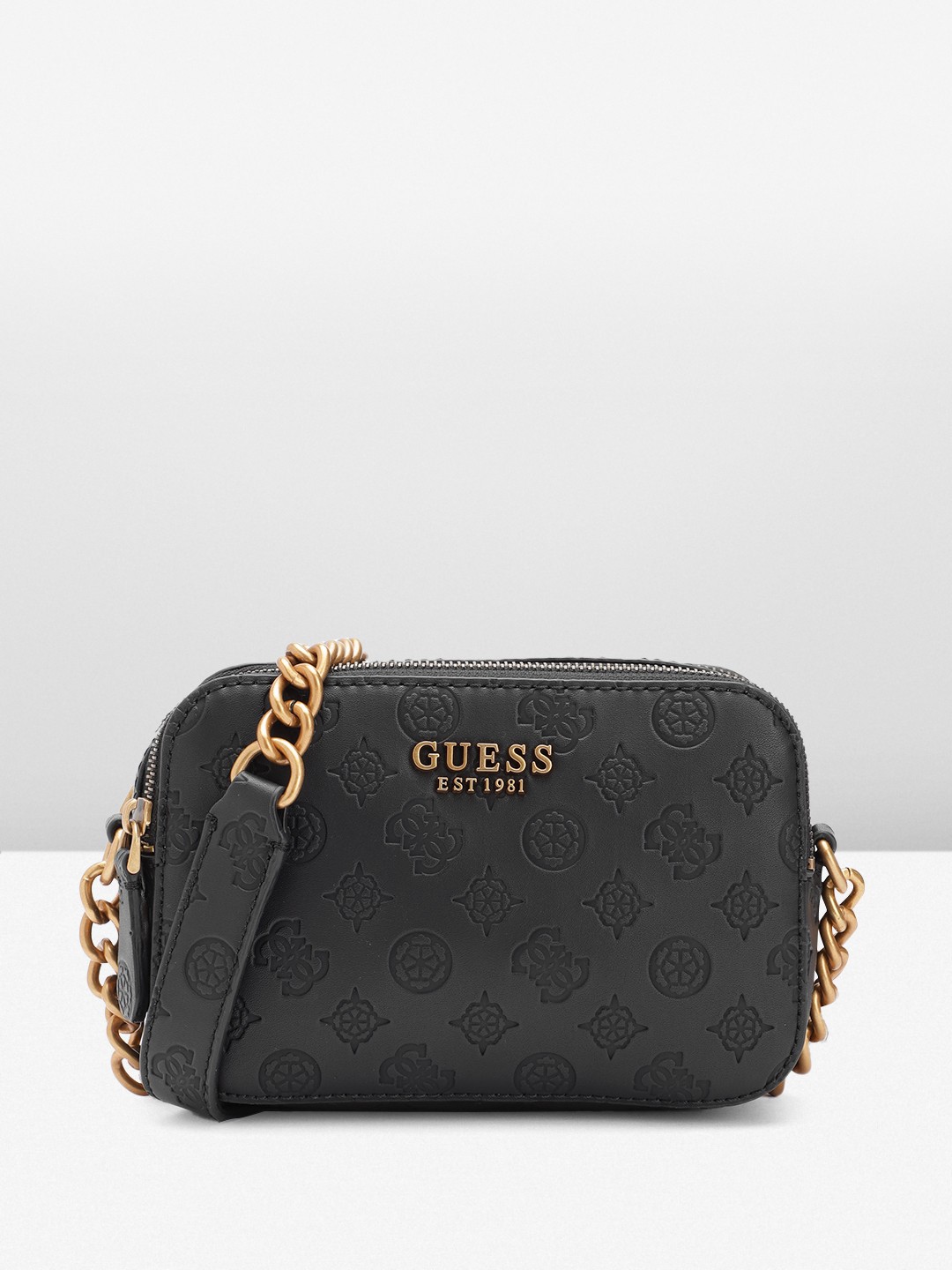 

GUESS Women Brand Logo Textured Structured Sling Bag, Black