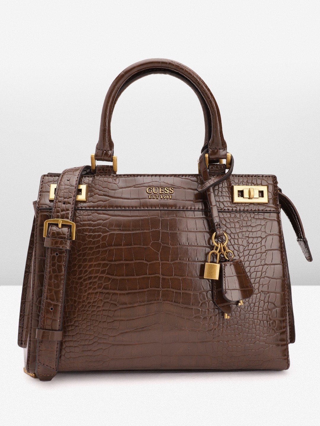 

GUESS Women Croc Textured Structured Handheld Bag, Brown