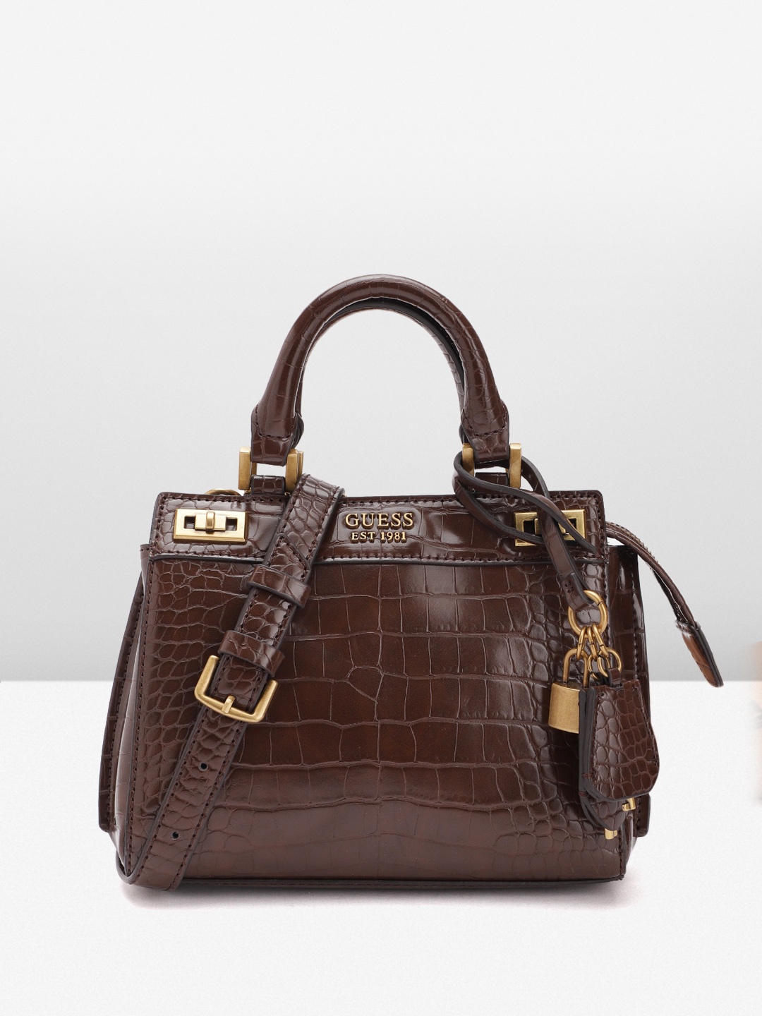 

GUESS Women Croc Textured Structured Sling Bag, Coffee brown
