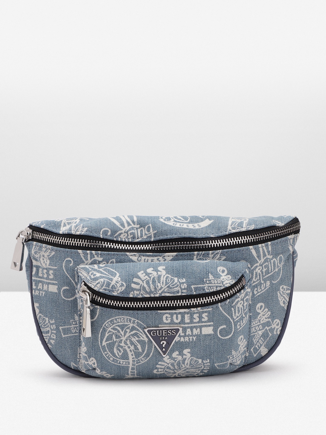 

GUESS Women Typography Printed Structured Cross Body Denim Sling Bag, Blue