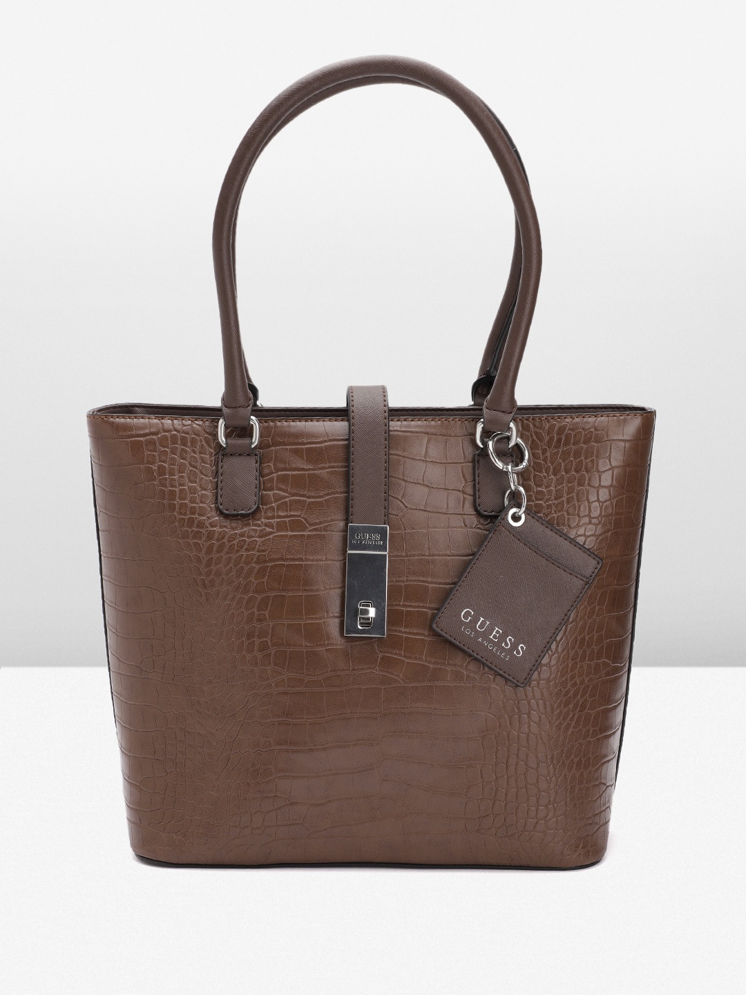 

GUESS Women Croc Textured Structured Shoulder Bag, Brown