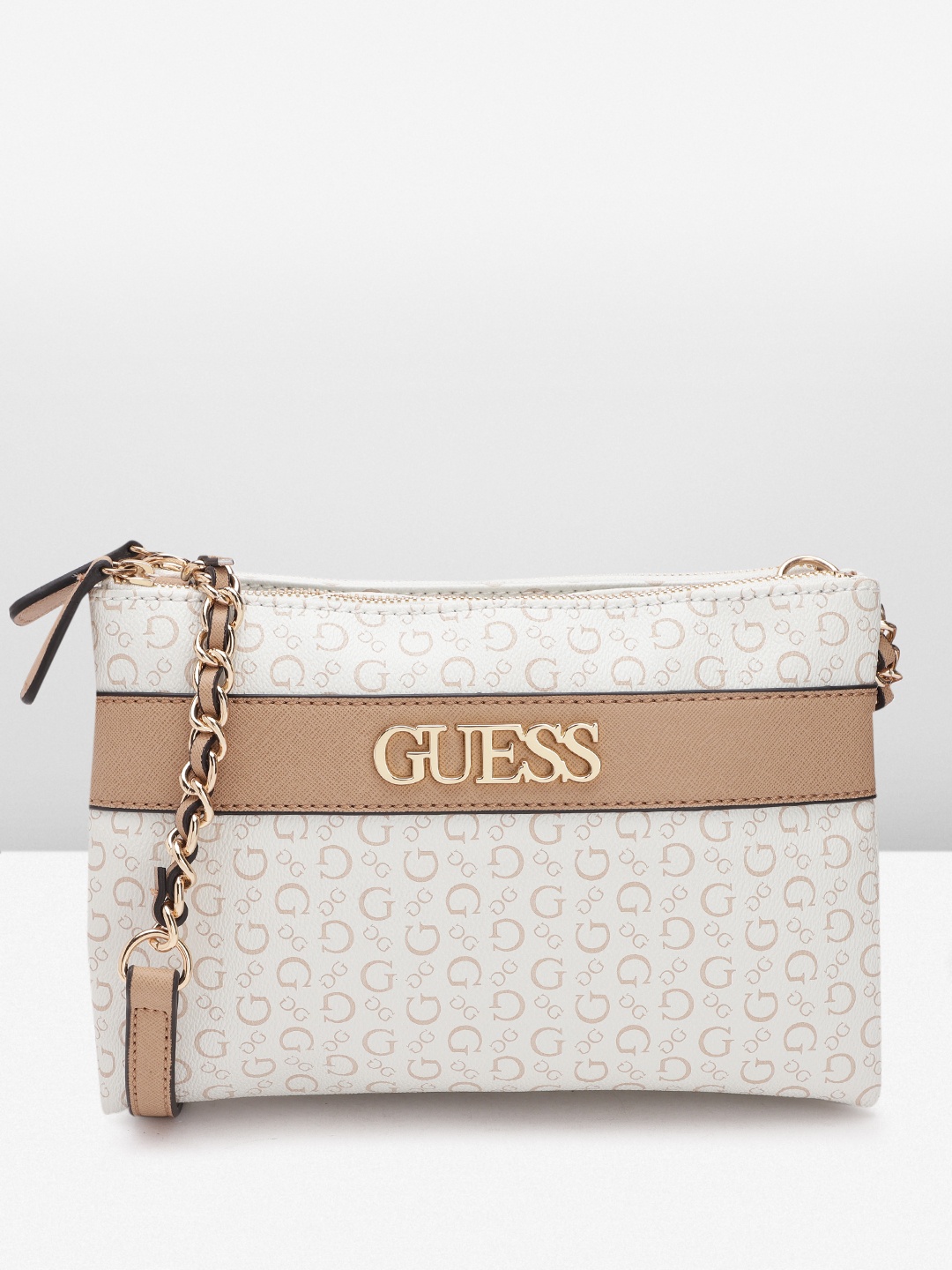

GUESS Women Brand Logo Printed Structured Sling Bag, White