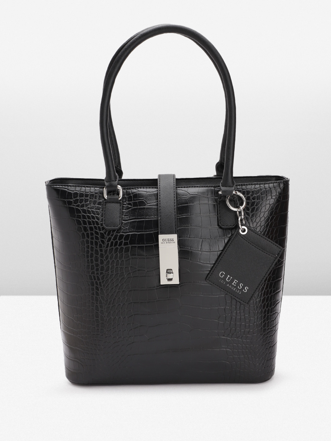 

GUESS Women Croc Textured Structured Shoulder Bag, Black