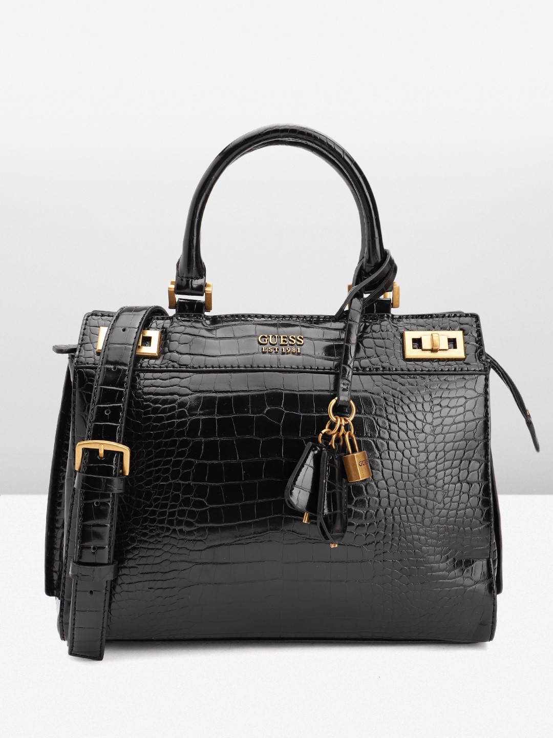 

GUESS Women Croc Textured Structured Handheld Bag, Black