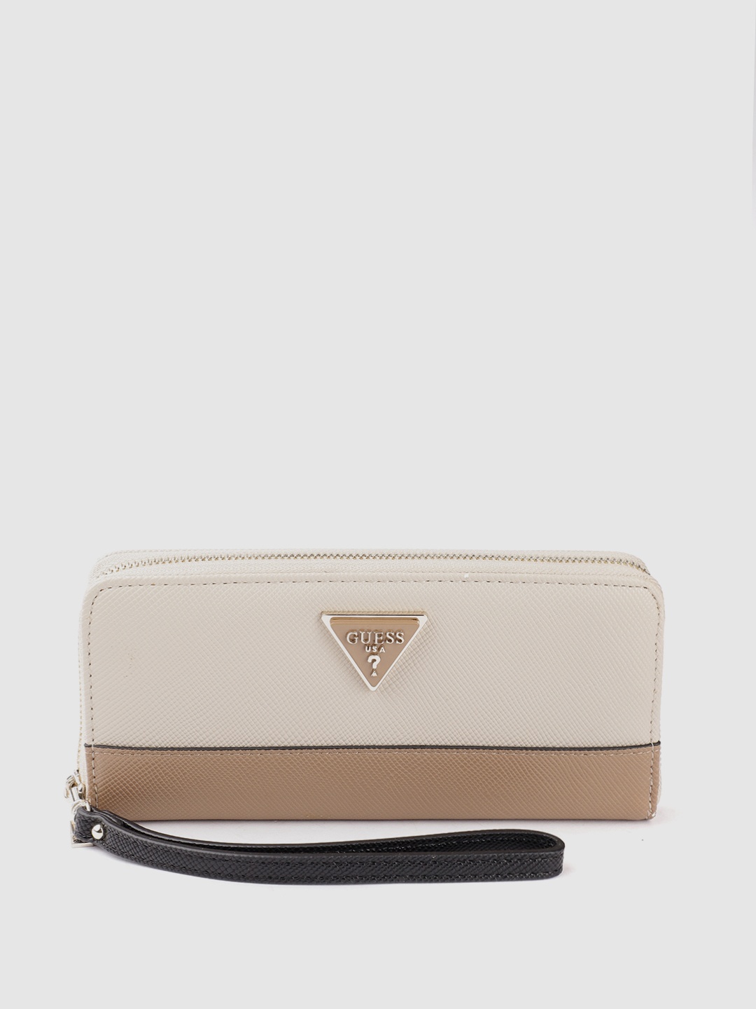 

GUESS Women Colourblocked Zip Around Wallet With Wrist Loop, Beige